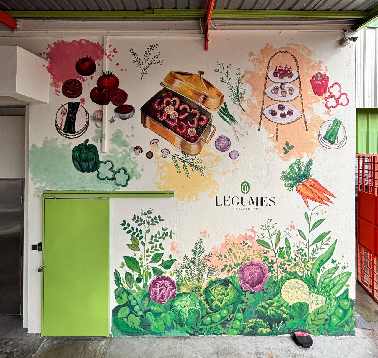 Commercial food and beverage mural painting with vegetables and catering artwork